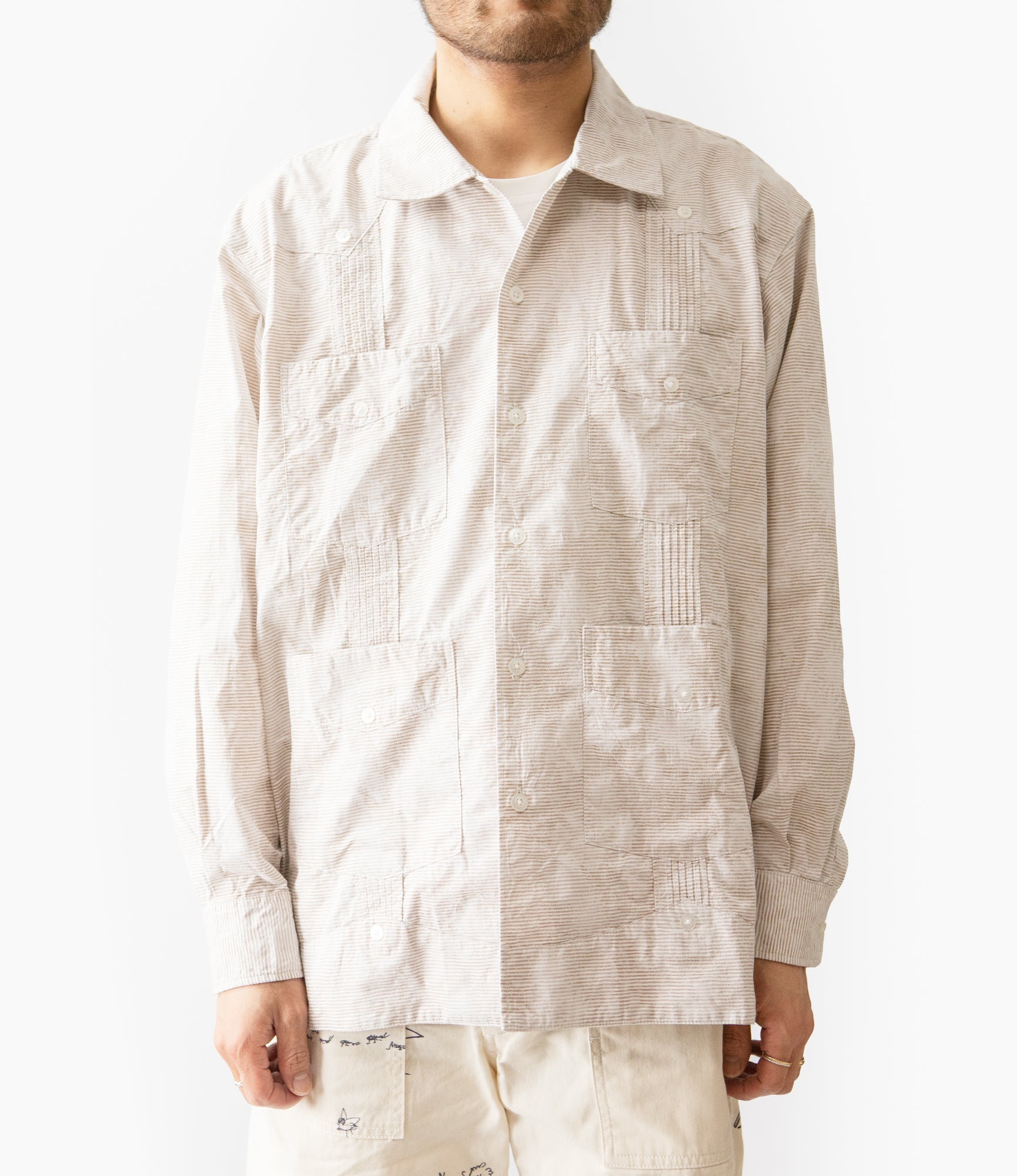 Guayabera Shirt – Khaki Floral Jacquard Striped Dobby