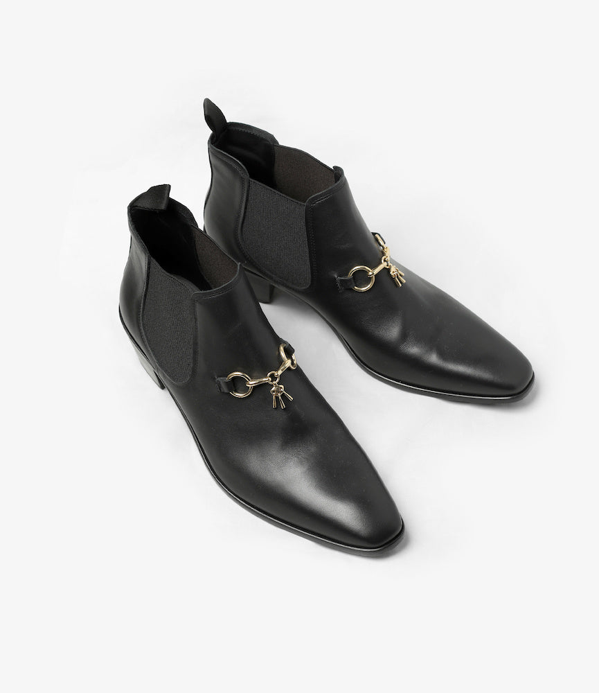 Tassel Bit Heeled Chelsea Boot – Black Leather