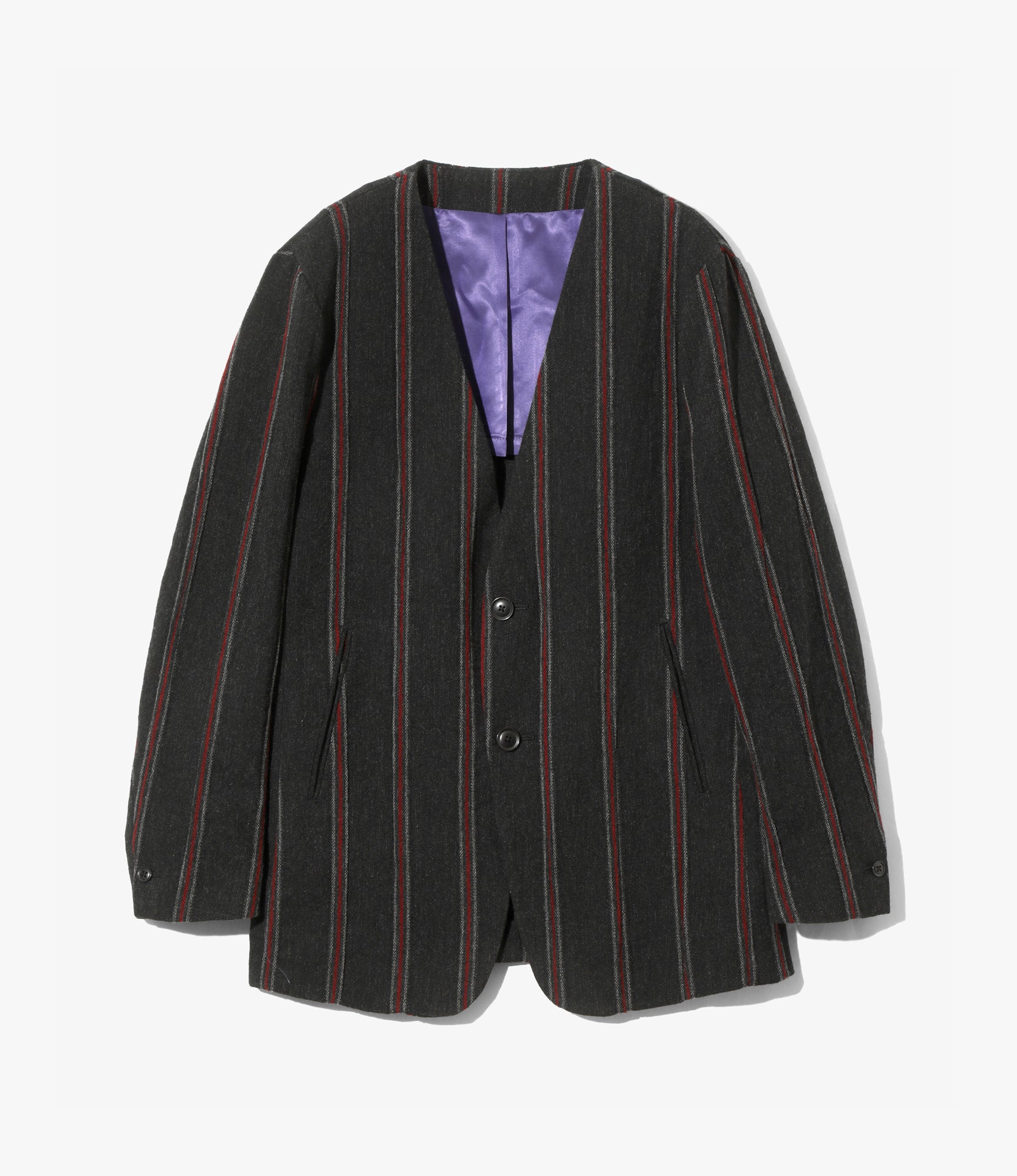 Collarless Jacket – Charcoal/Red Striped Tweed