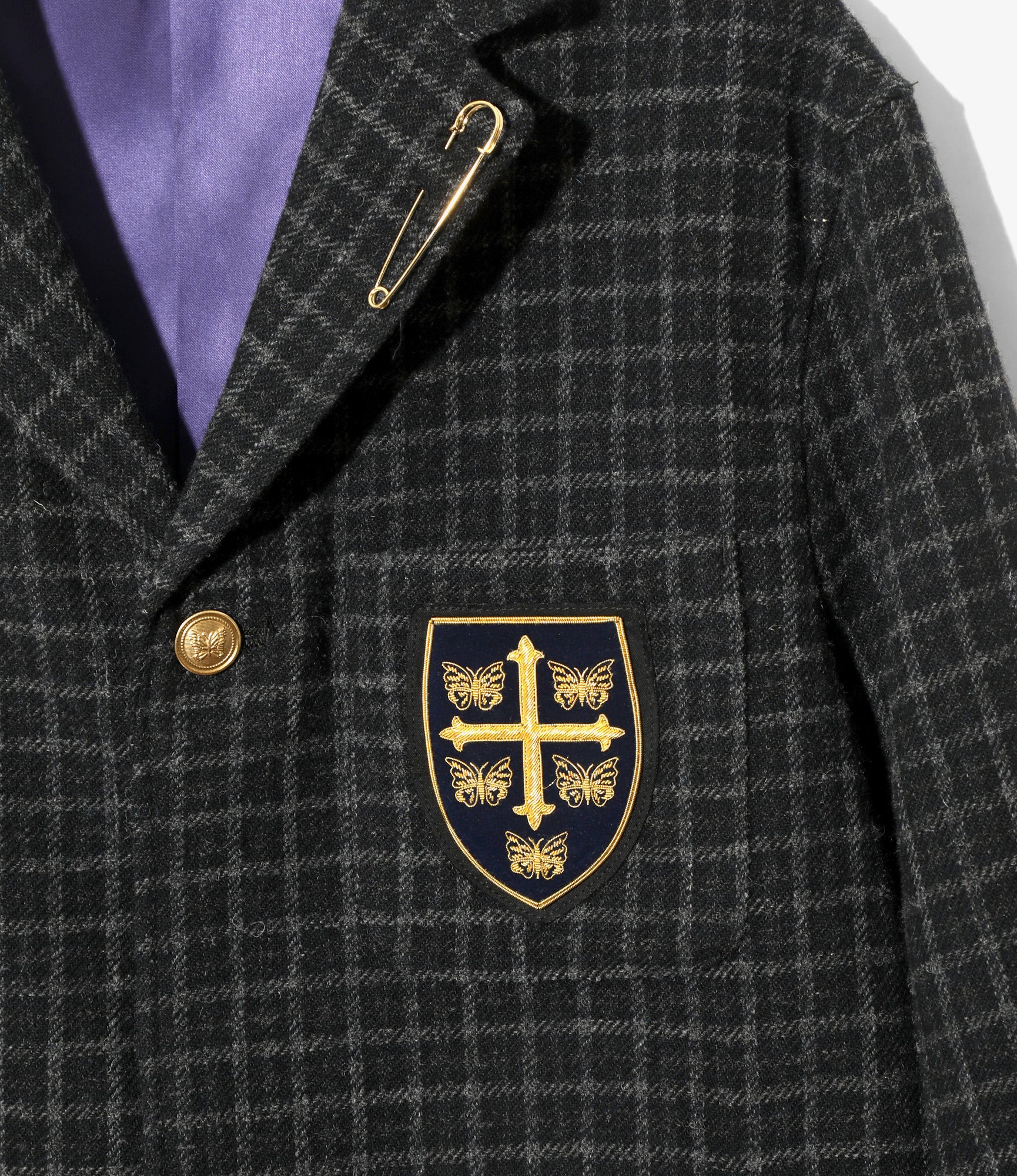 Pin Lapel Blazer – Charcoal Plaid Tweed