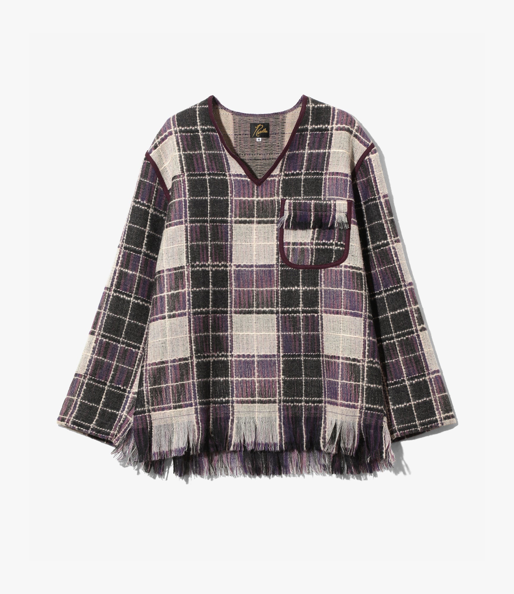 V-Neck Fringe Shirt – Purple Plaid Wool