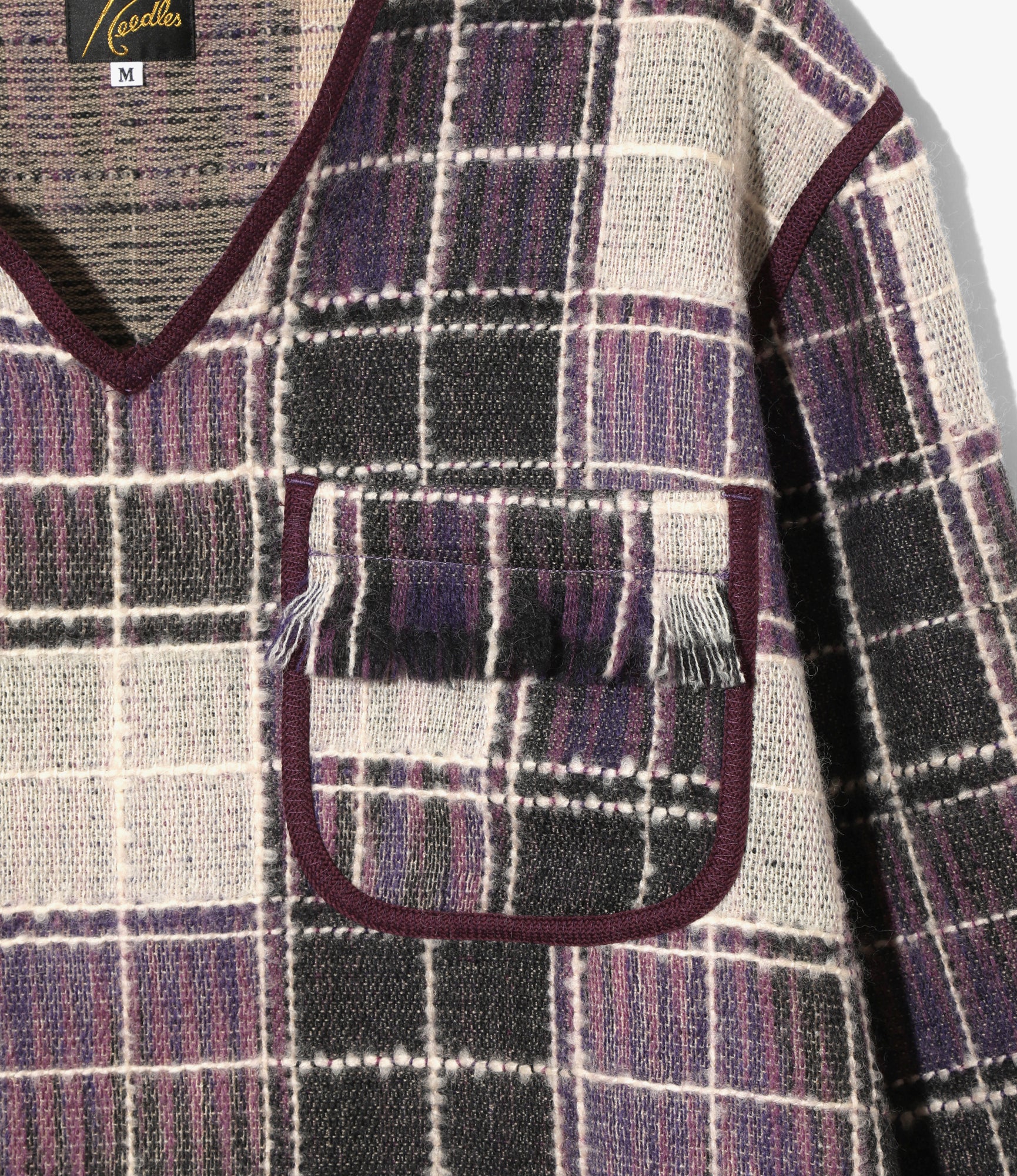 V-Neck Fringe Shirt – Purple Plaid Wool