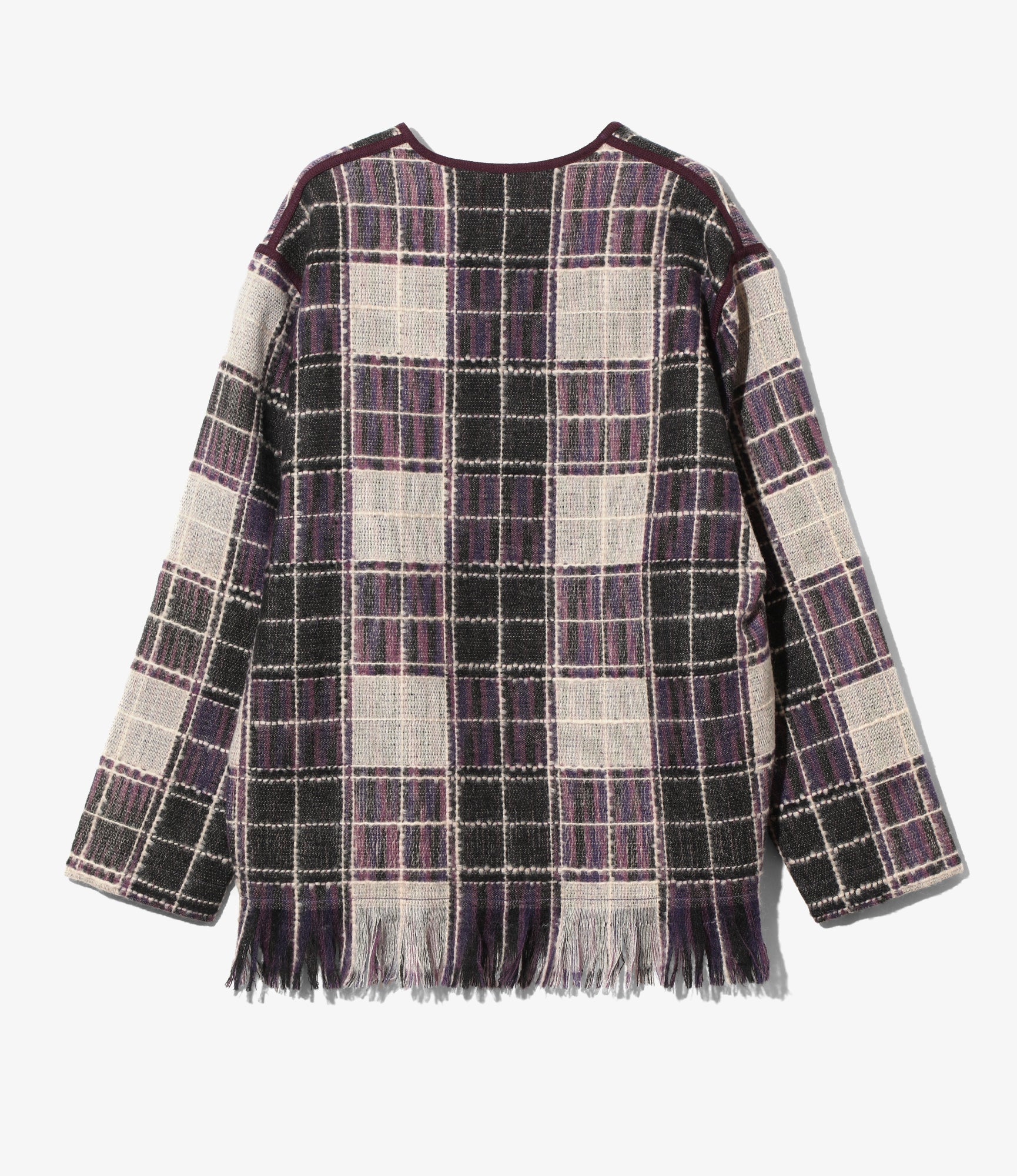 V-Neck Fringe Shirt – Purple Plaid Wool