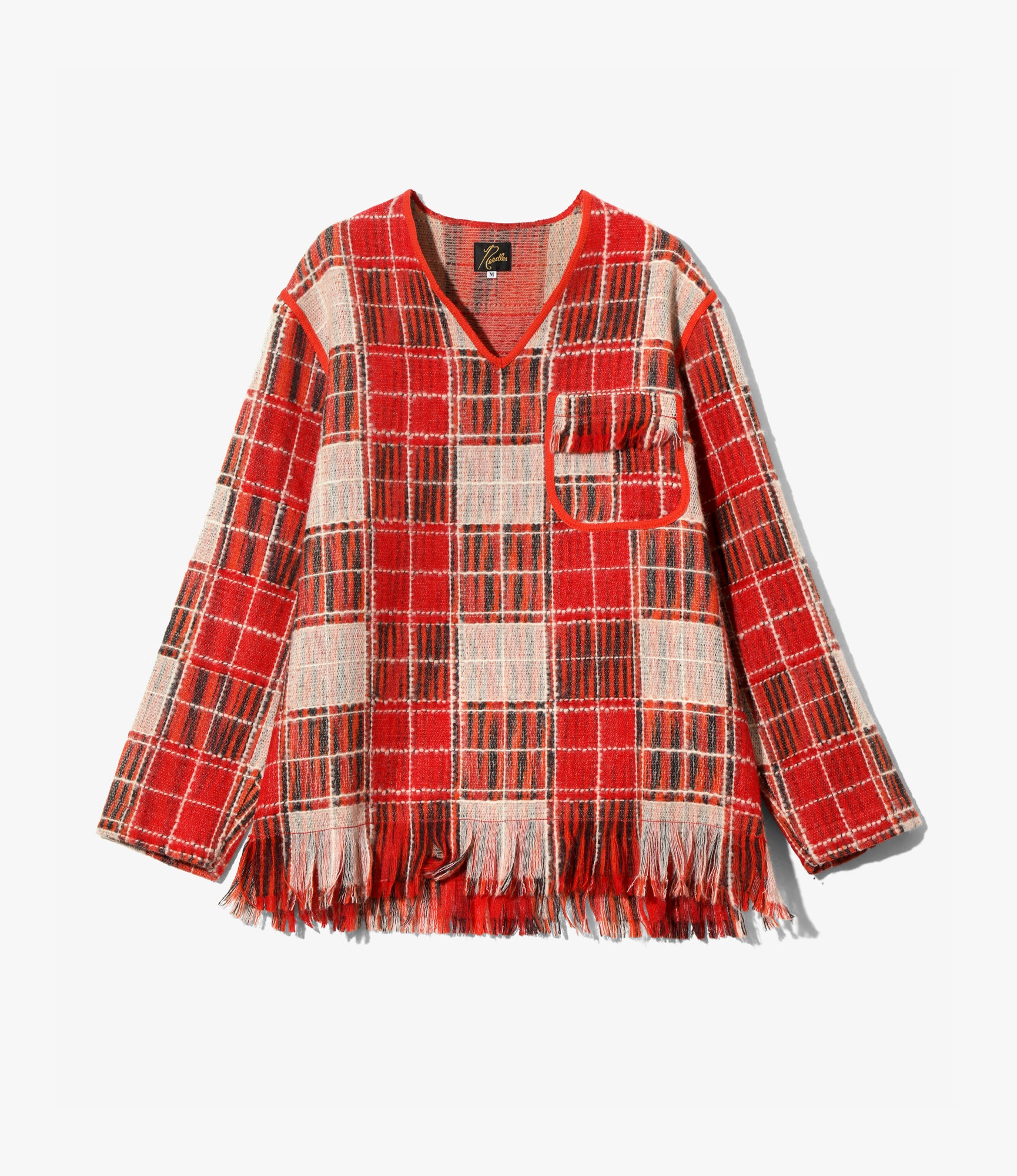 V-Neck Fringe Shirt – Red Plaid Wool