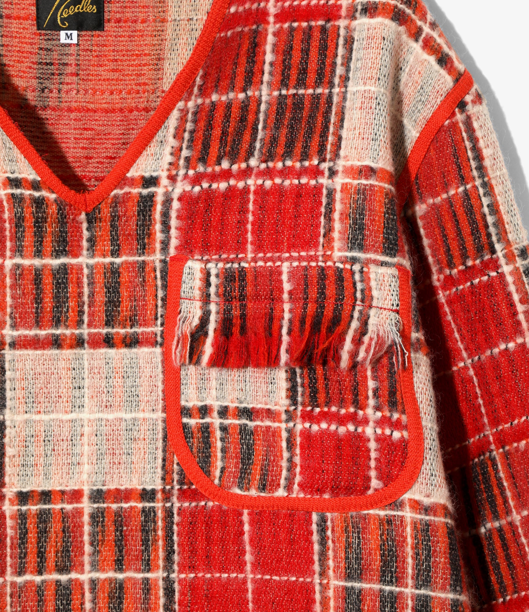 V-Neck Fringe Shirt – Red Plaid Wool
