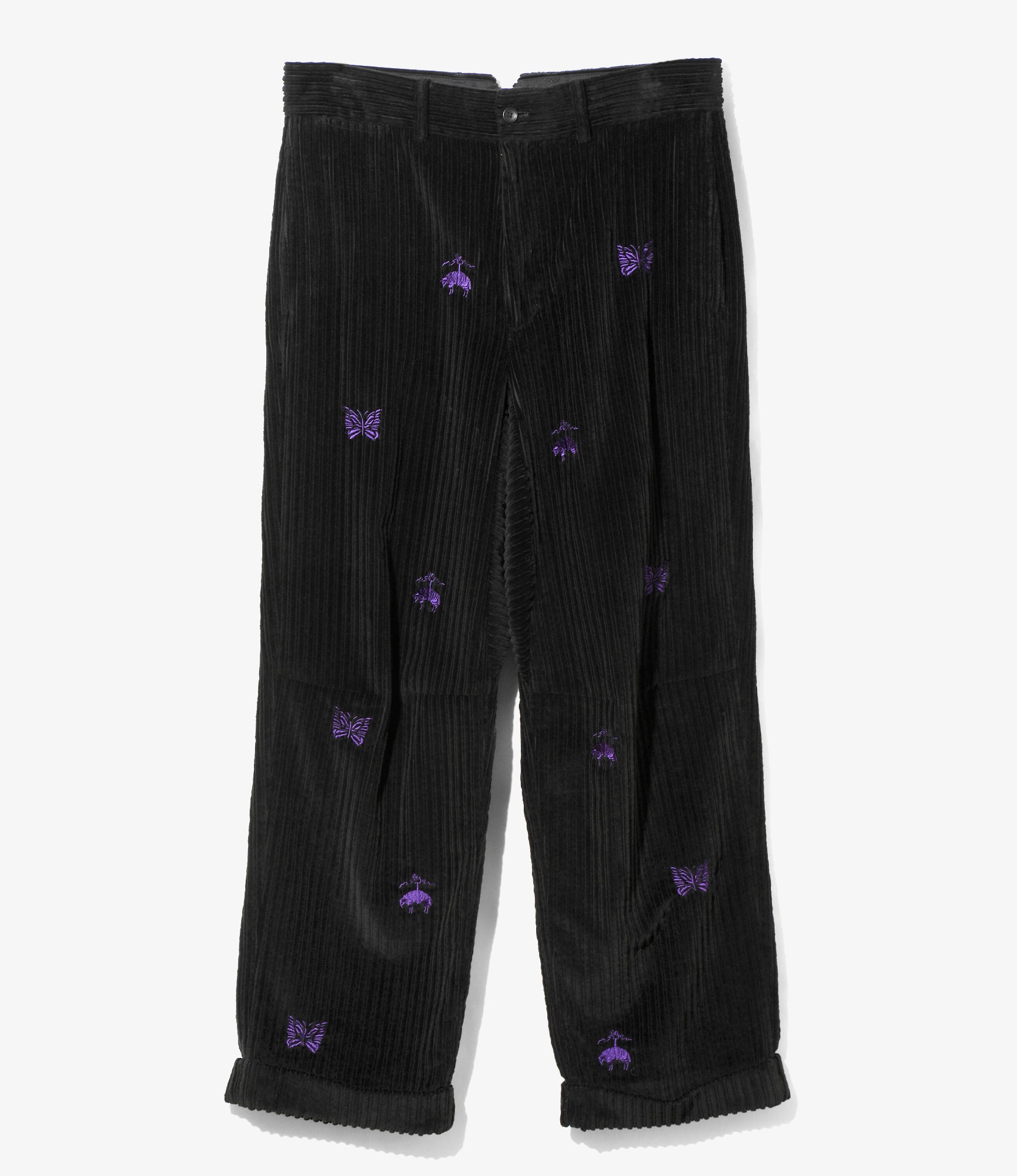 Wide Trousers - Black Embroidered Corduroy