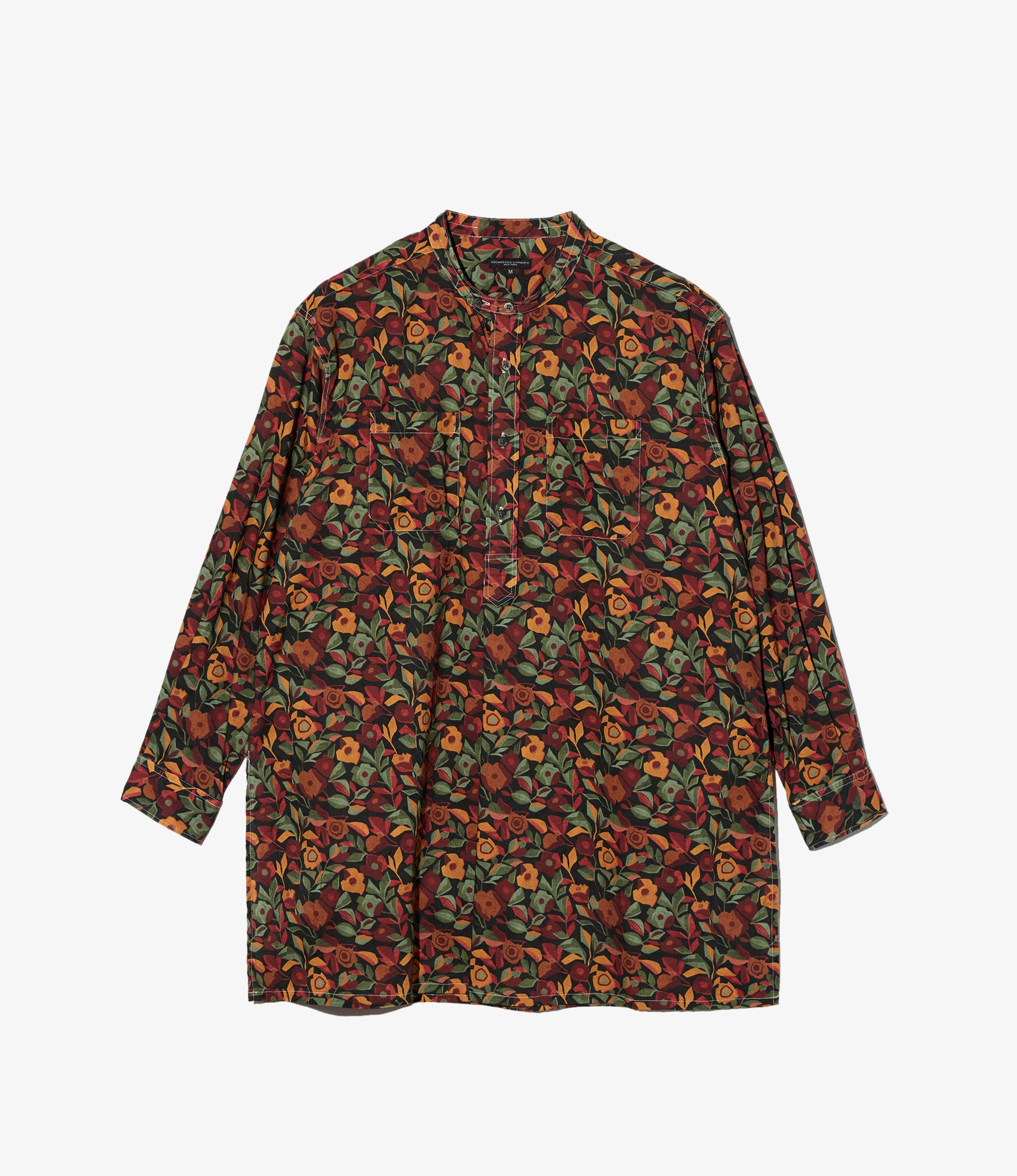 Banded Collar Long Shirt – Orange/Black Rose Print