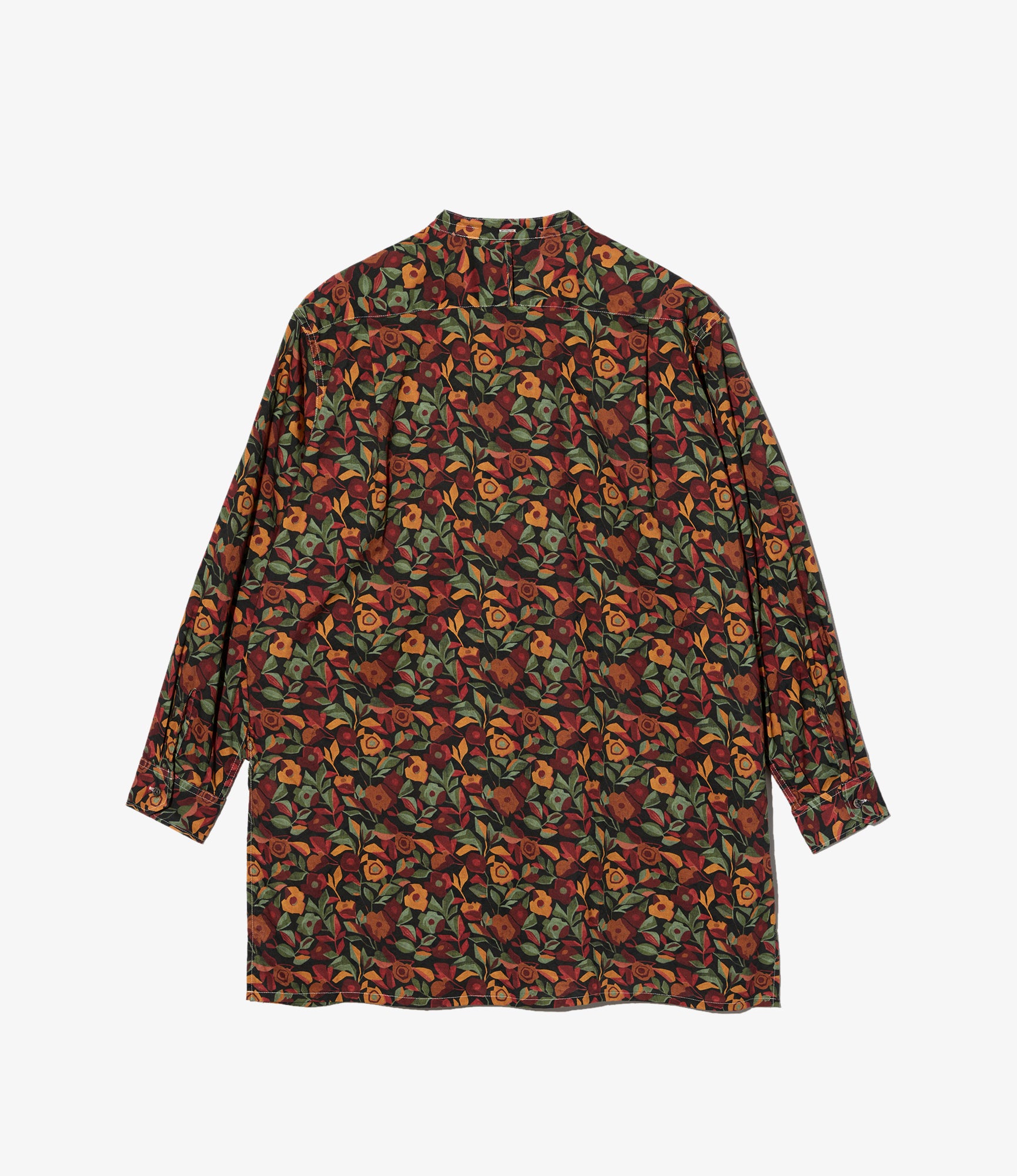 Banded Collar Long Shirt – Orange/Black Rose Print