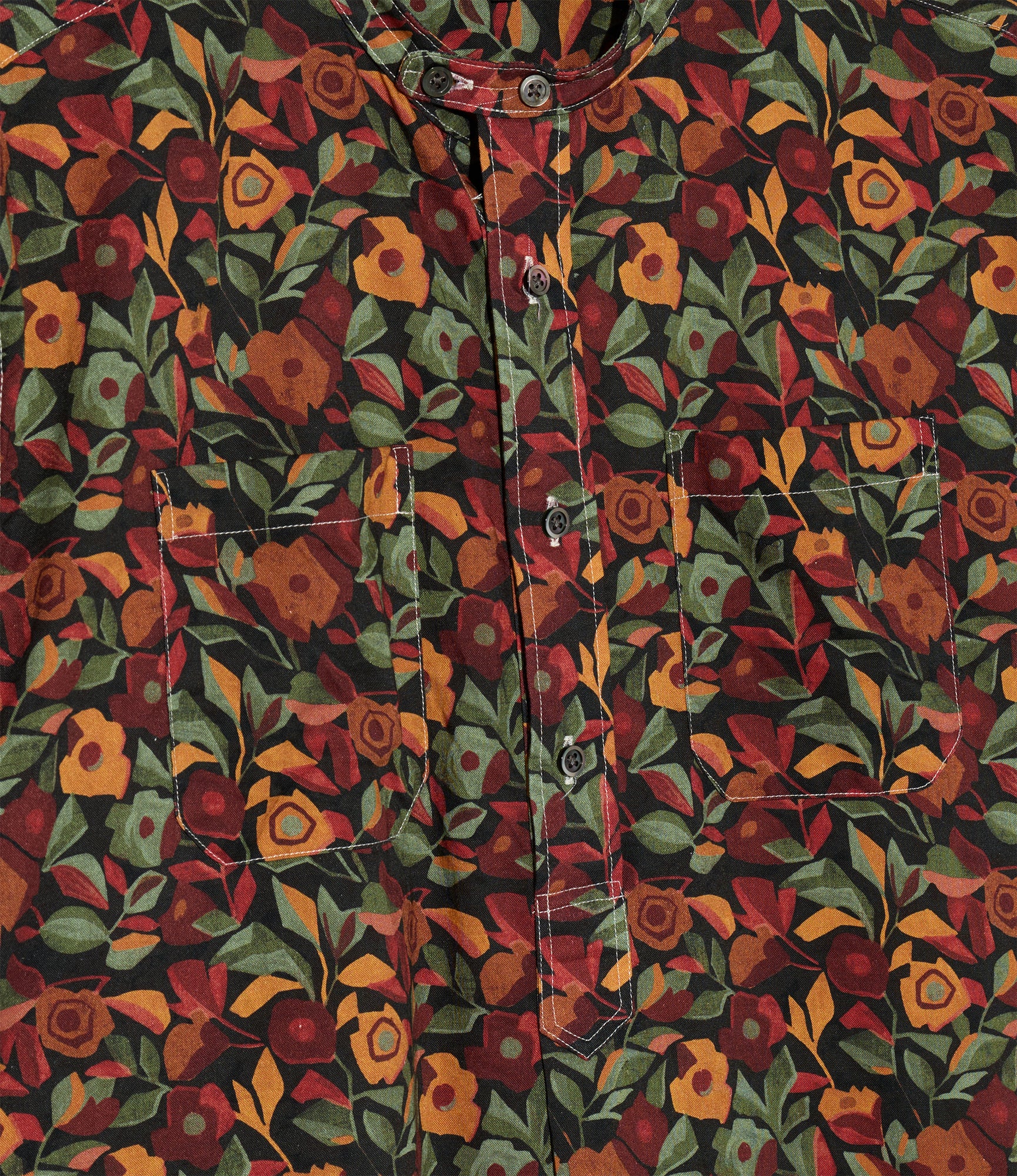Banded Collar Long Shirt – Orange/Black Rose Print