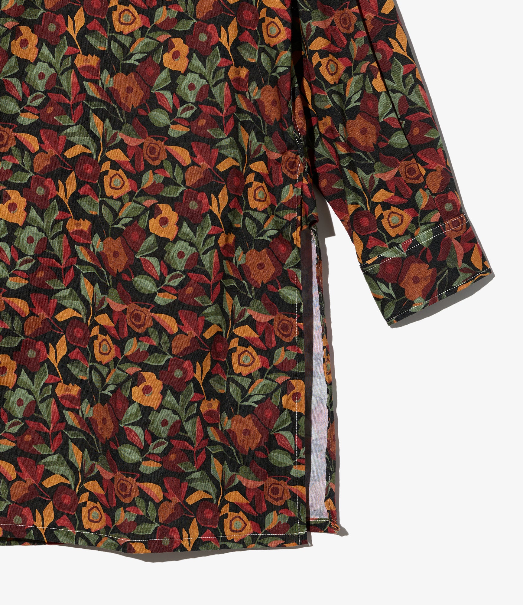 Banded Collar Long Shirt – Orange/Black Rose Print