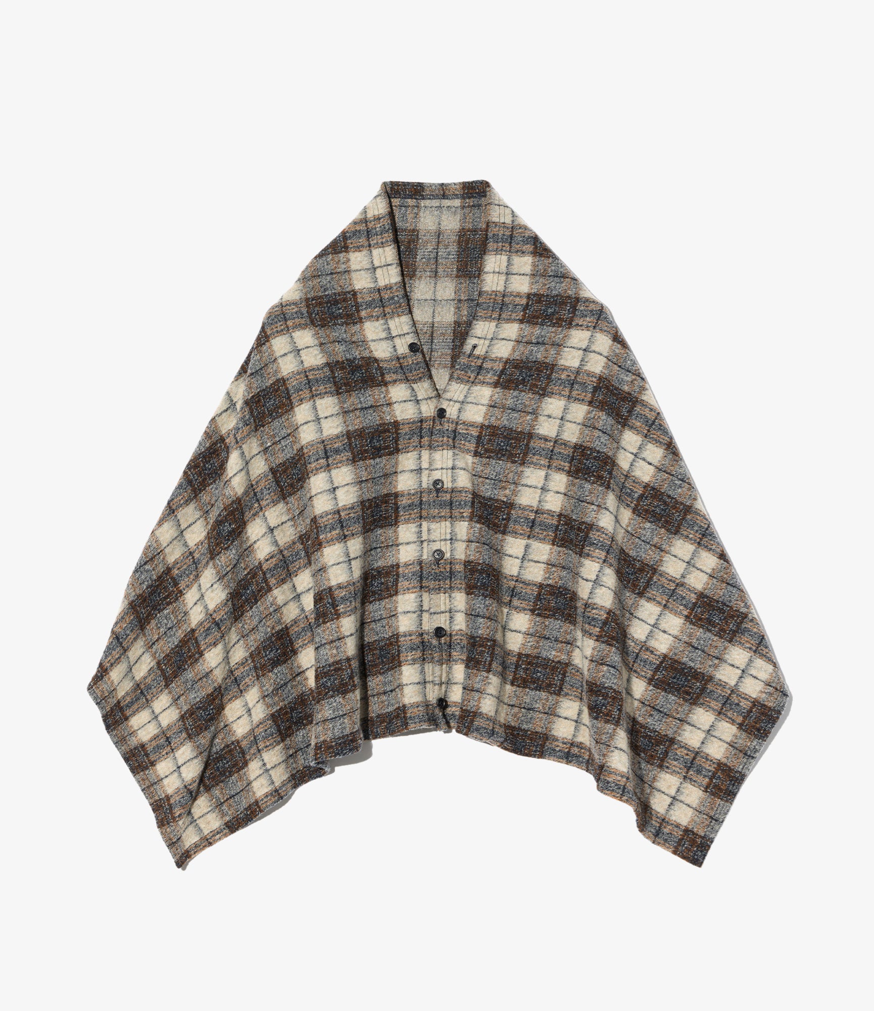 Button Shawl – Khaki/Navy Plaid Wool Blend