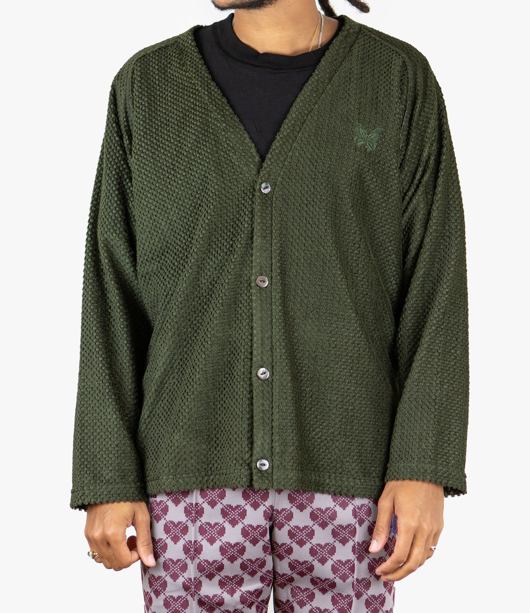 V-Neck Cardigan – Olive Poly Double Russell