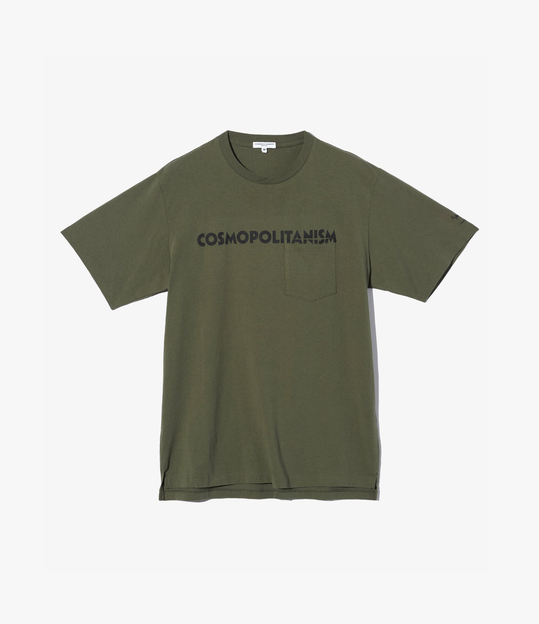 Cross Neck T-Shirt – Olive ‘Cosmopolitanism’ Print