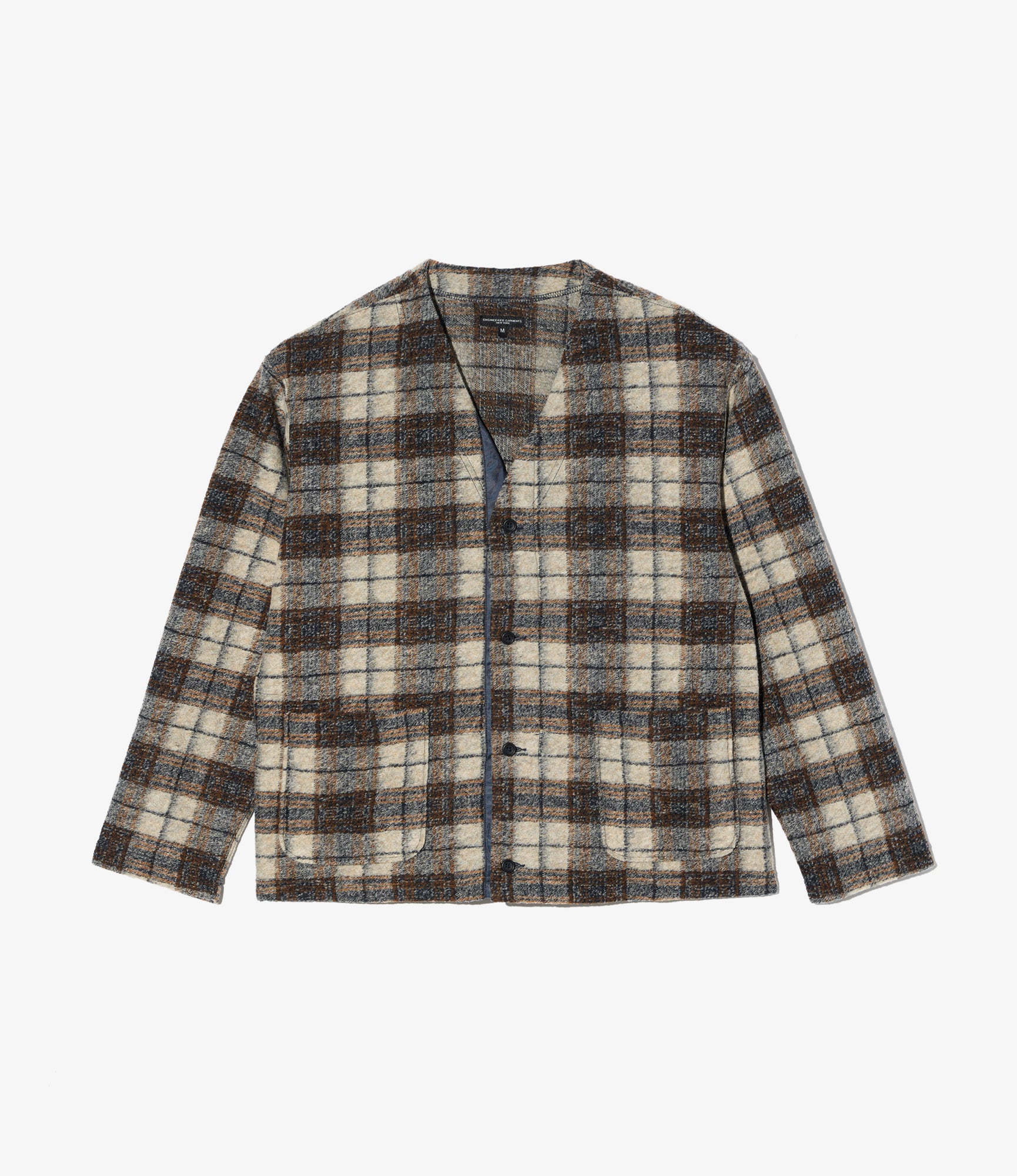 Knit Cardigan – Khaki/Navy Plaid Wool Blend