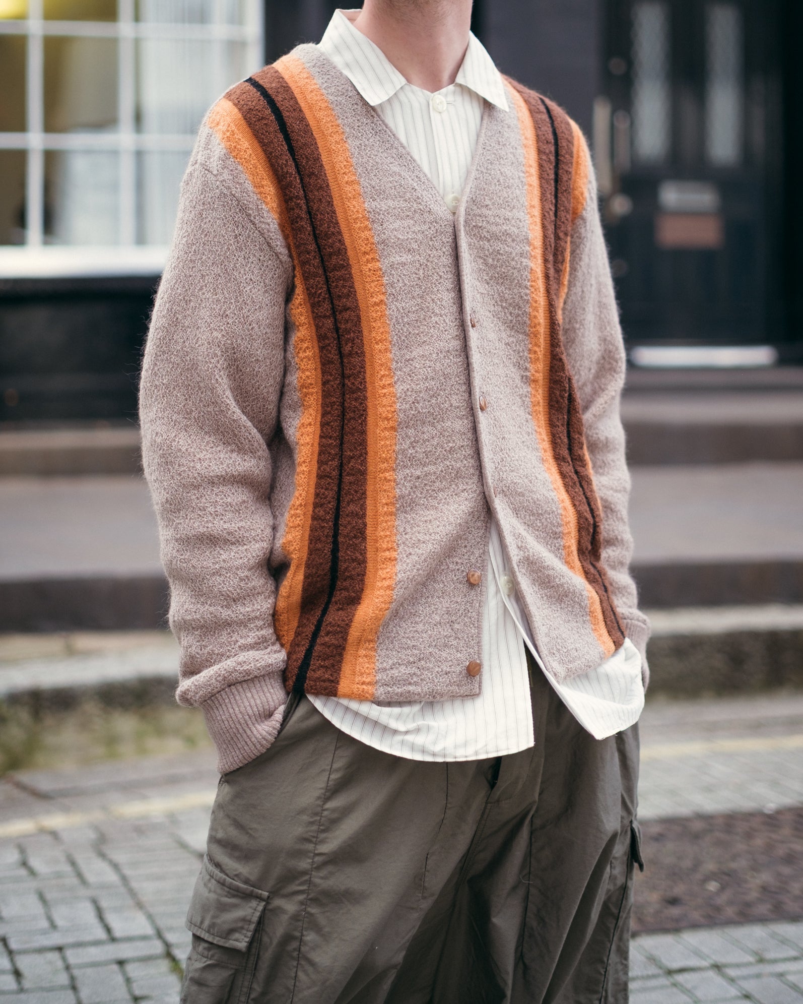 Knit Cardigan – Taupe Stripe Woven Crepe