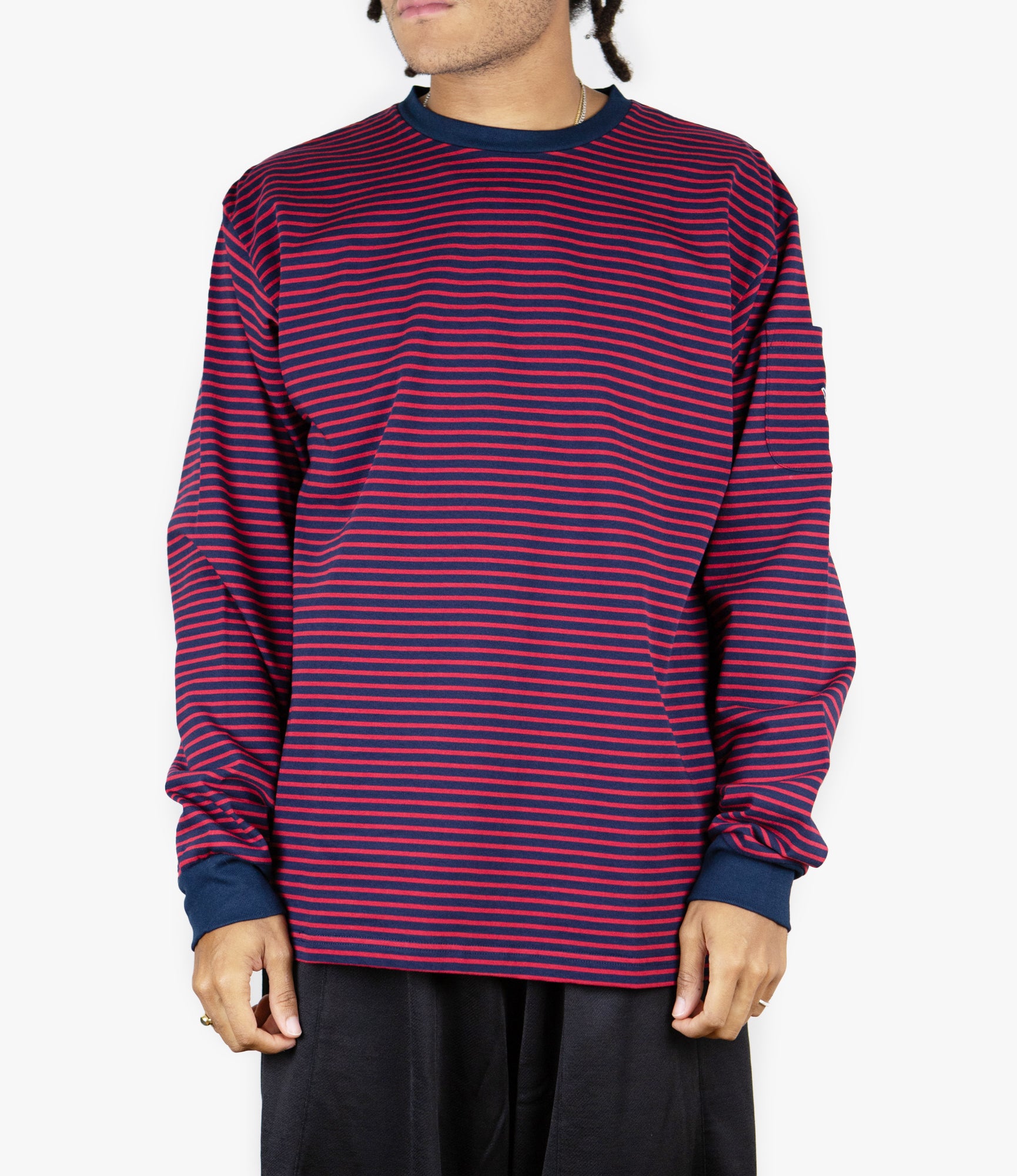 Crew Neck Long Sleeve T-Shirt – Navy/Red Stripe