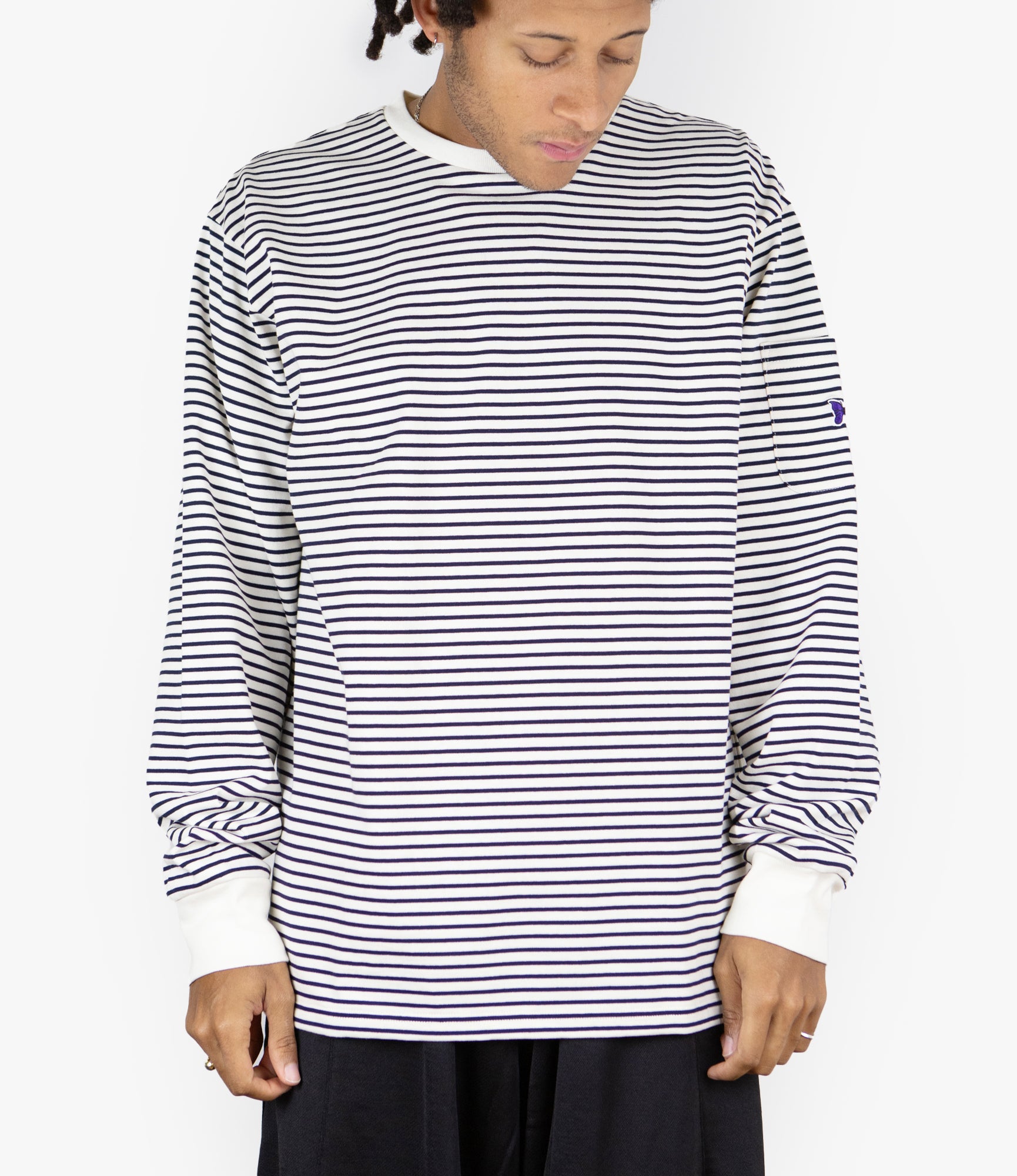 Crew Neck Long Sleeve T-Shirt – White/Navy Stripe