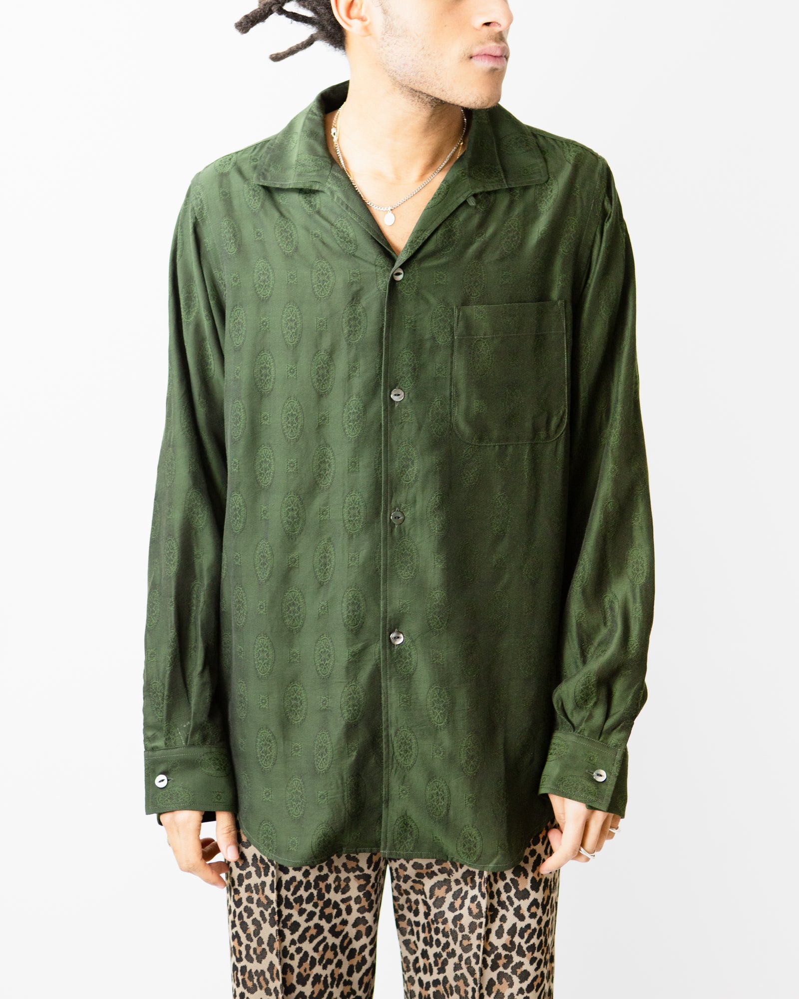 Italian Collar Shirt – Dark Green Fine Pattern Jacquard