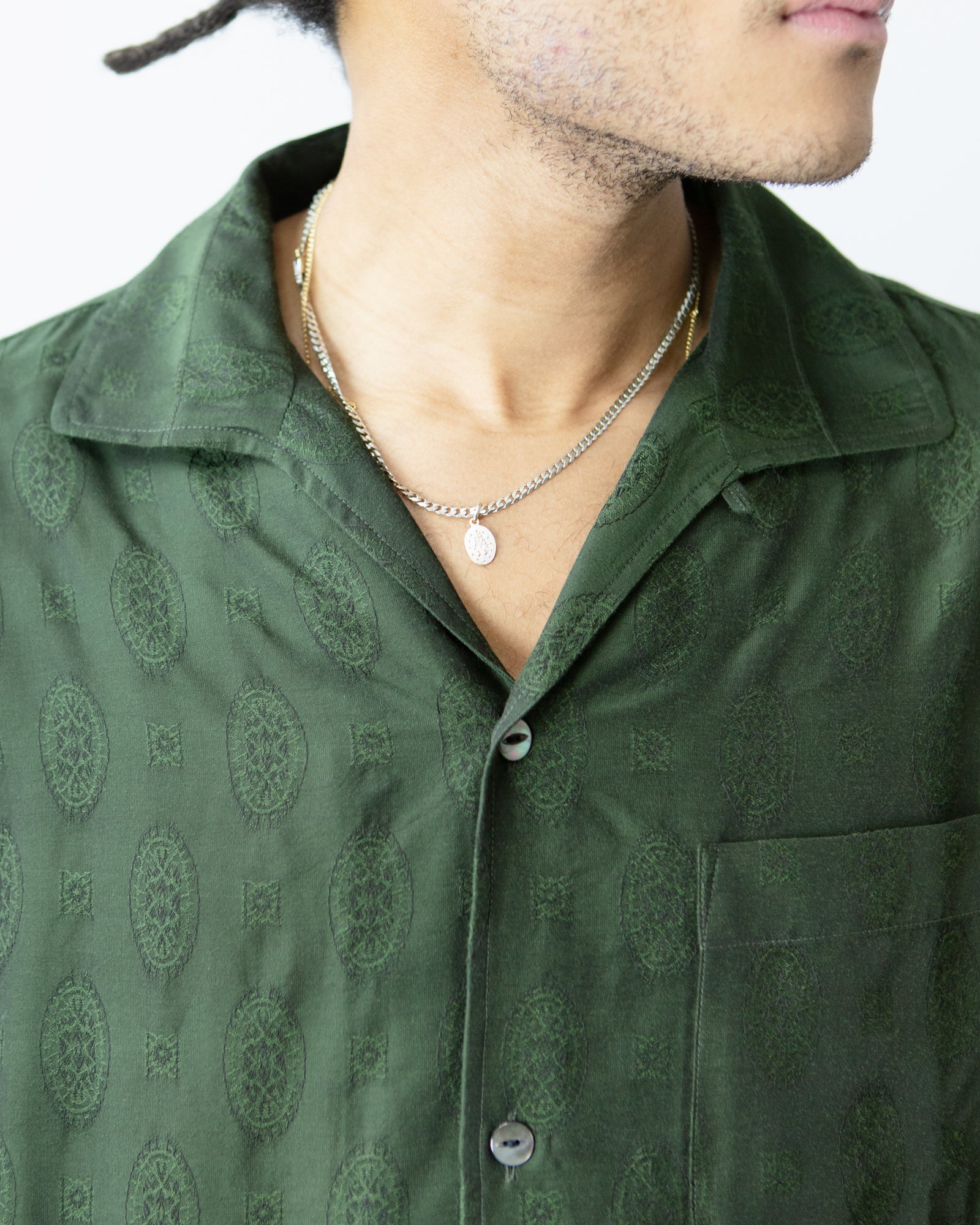 Italian Collar Shirt – Dark Green Fine Pattern Jacquard