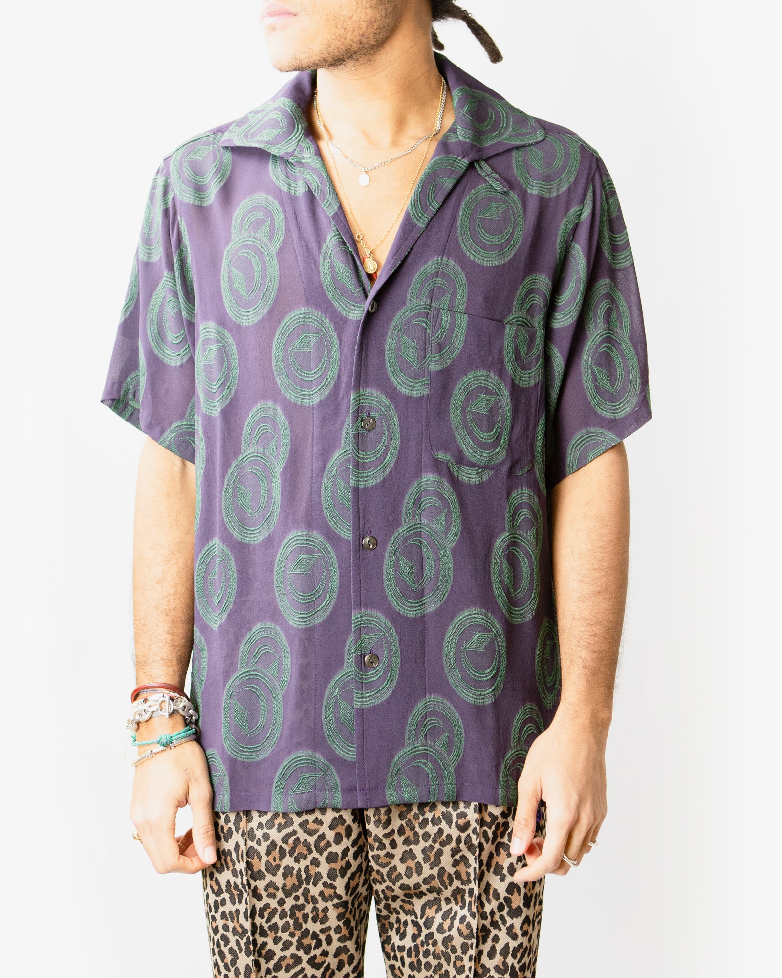 Italian Collar Short Sleeve Shirt – Purple/Green Ring Cut Jacquard Rayon