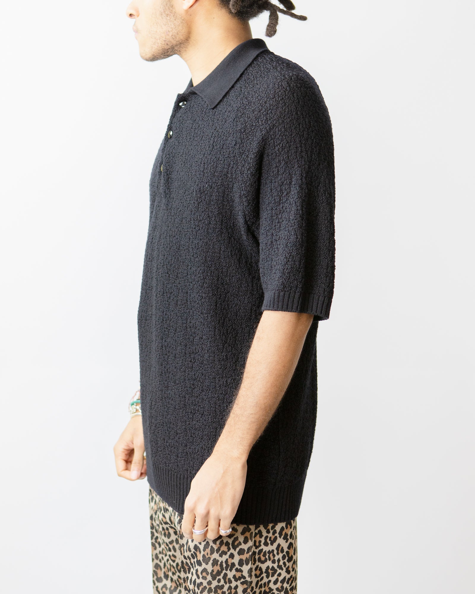 Short Sleeve Knit Polo Sweater – Black Merino Wool