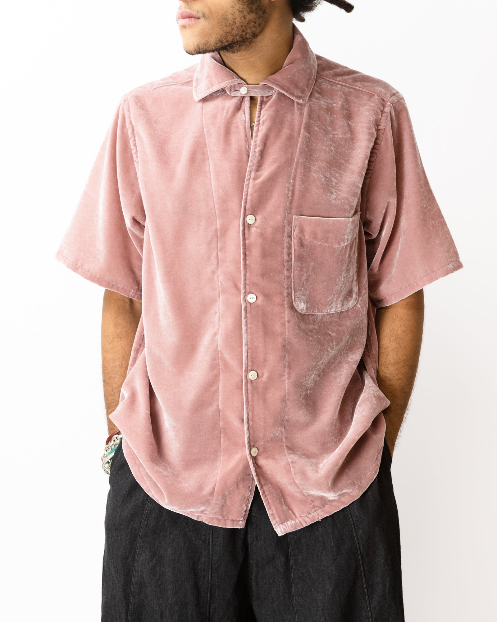 Italian Collar Short Sleeve Shirt – Pink Poly Velvet