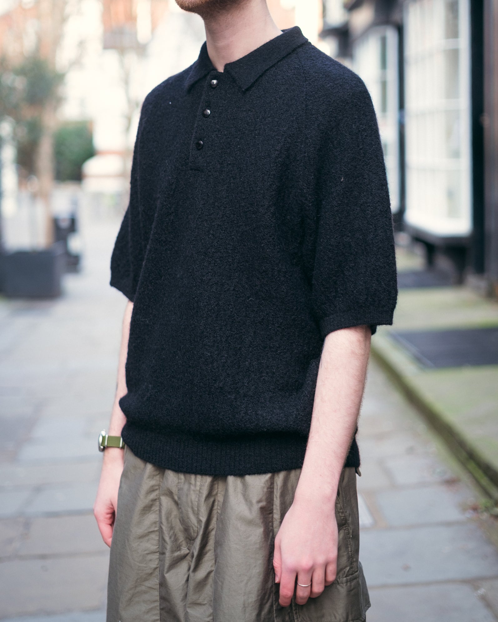 Polo Short Sleeve Sweater – Black Woven Crepe
