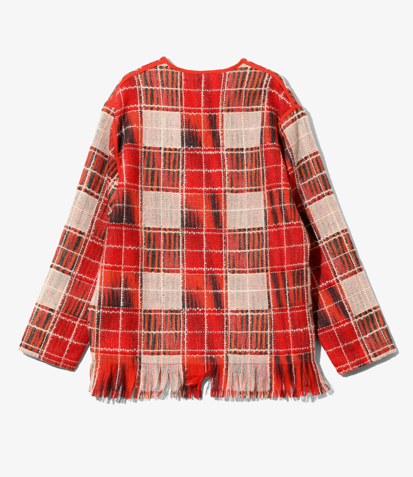 V-Neck Fringe Shirt – Red Plaid Wool