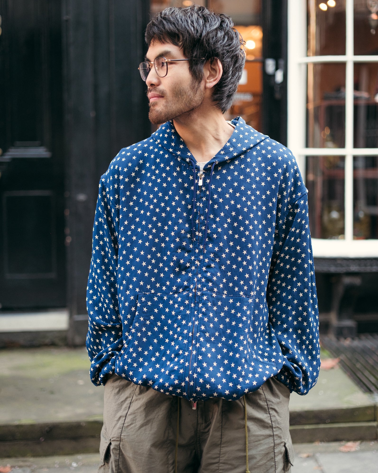 Needles ネイビー ジップアップジャケット S Zipped Hoodie – Navy Star Double-Weave Jacquard | Needles