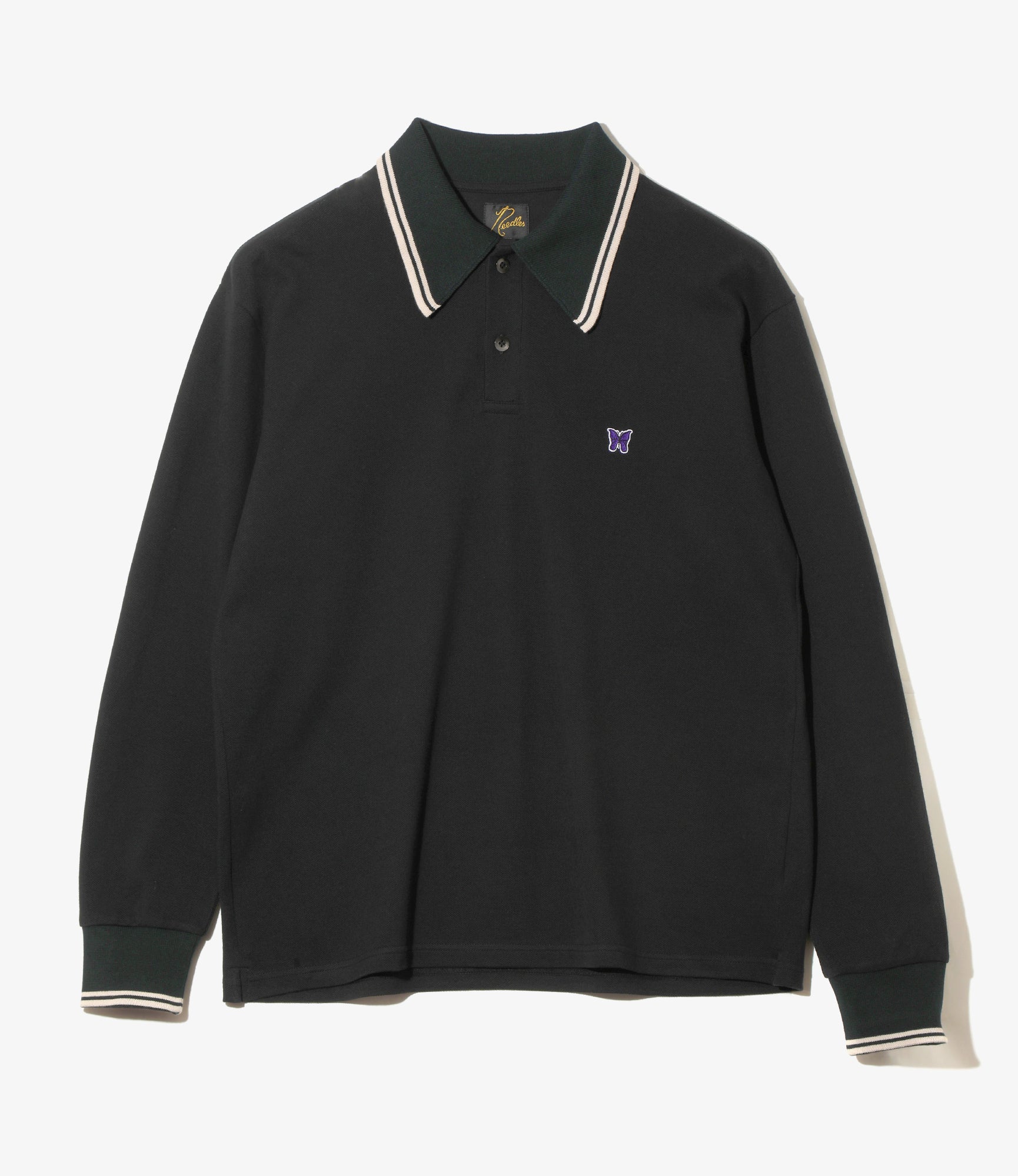 Regular Collar L/S Polo – Black Cotton Pique