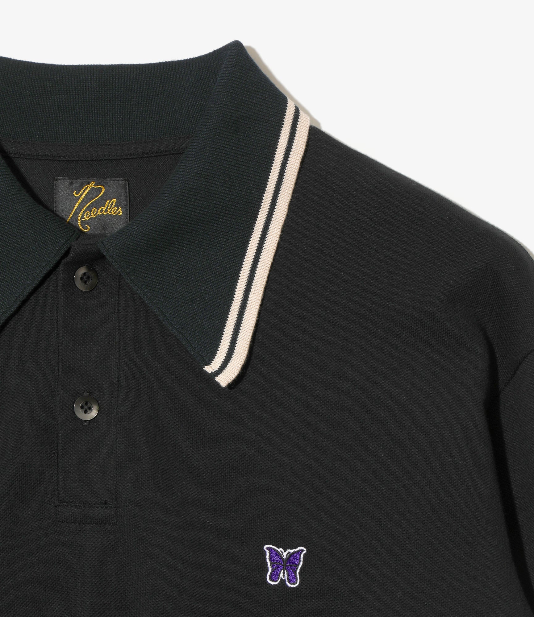 Regular Collar L/S Polo – Black Cotton Pique