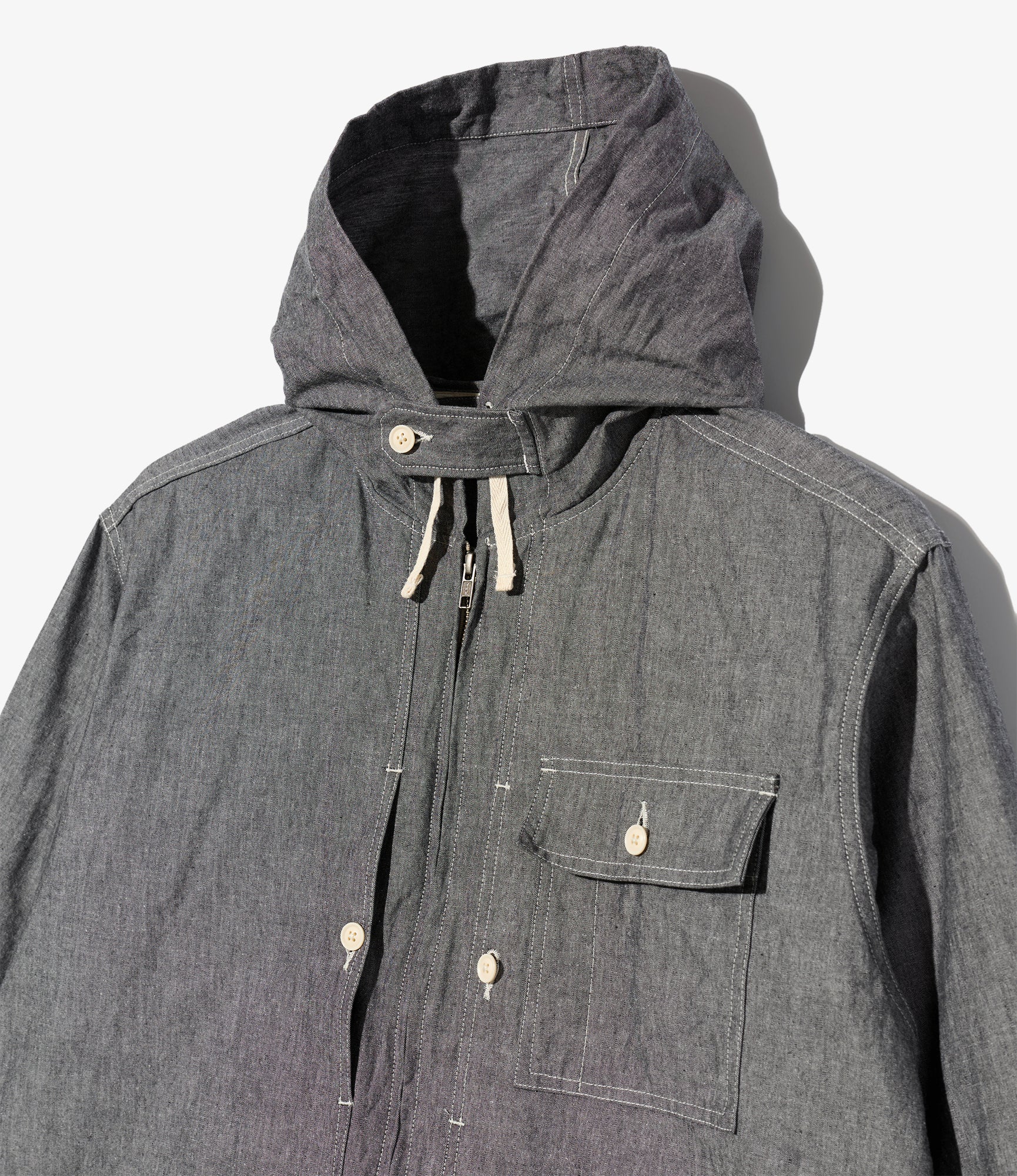 Zip Hooded Shirt – Grey Chambray