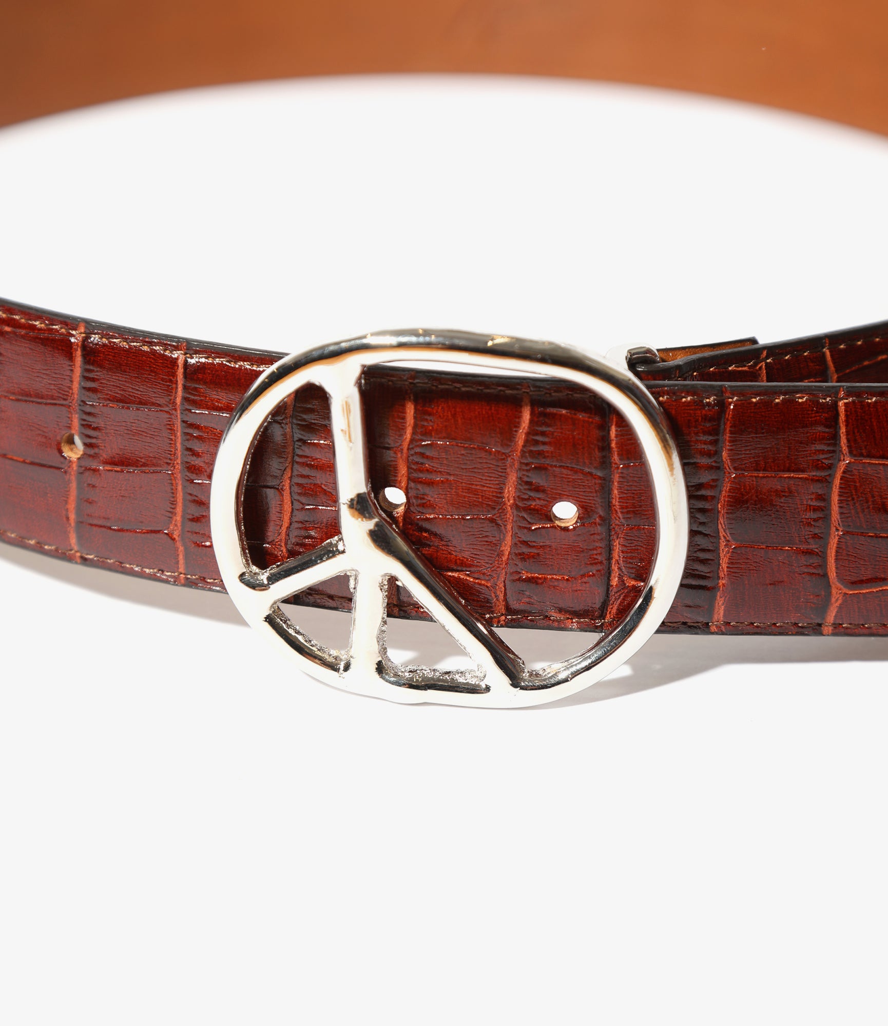 Needles Peace Buckle Belt -  Crocodile Embossed Leather - Brown